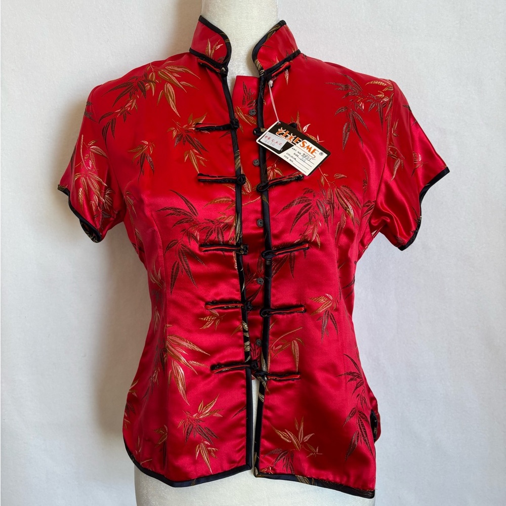 ESME Women Sz M traditional Asian Red Satin Blouse with Black Accents bamboo